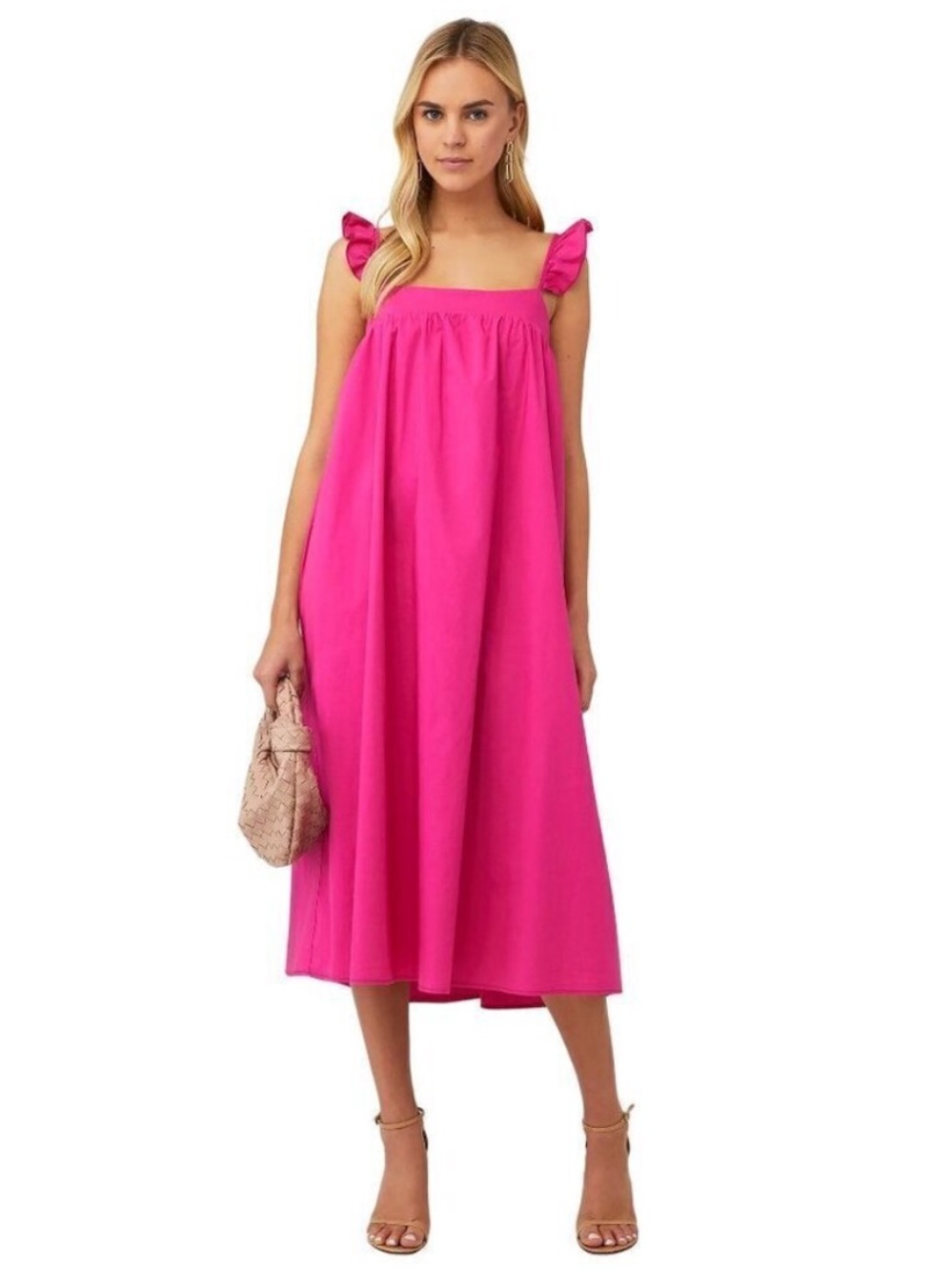 Show Me Your Mumu Oasis Ruffle Dress Hot Pink Poplin Midi Dress Barbiecore XS 41